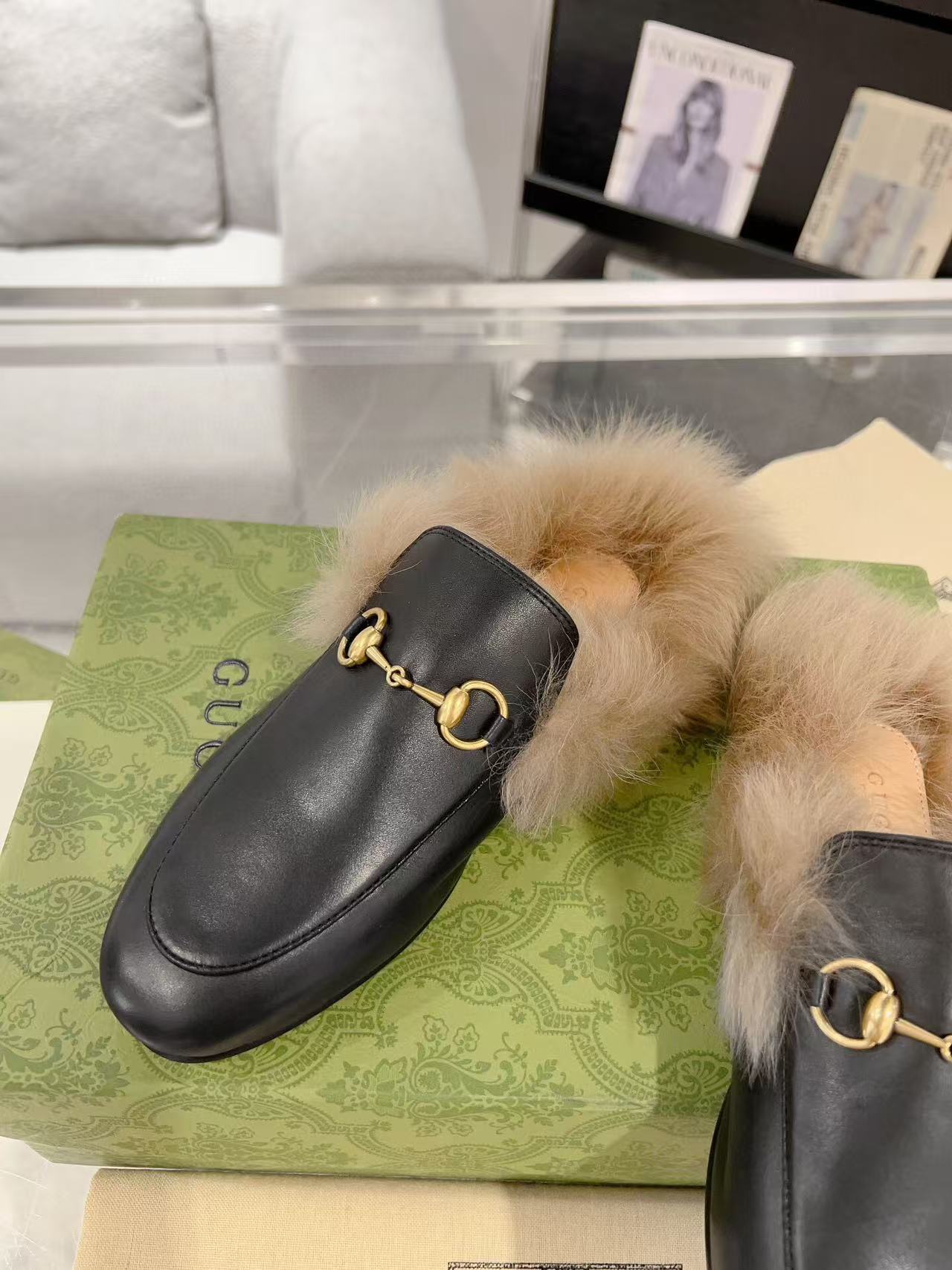 GG Princetown Slipper Black Calfskin Tuscan Wool
