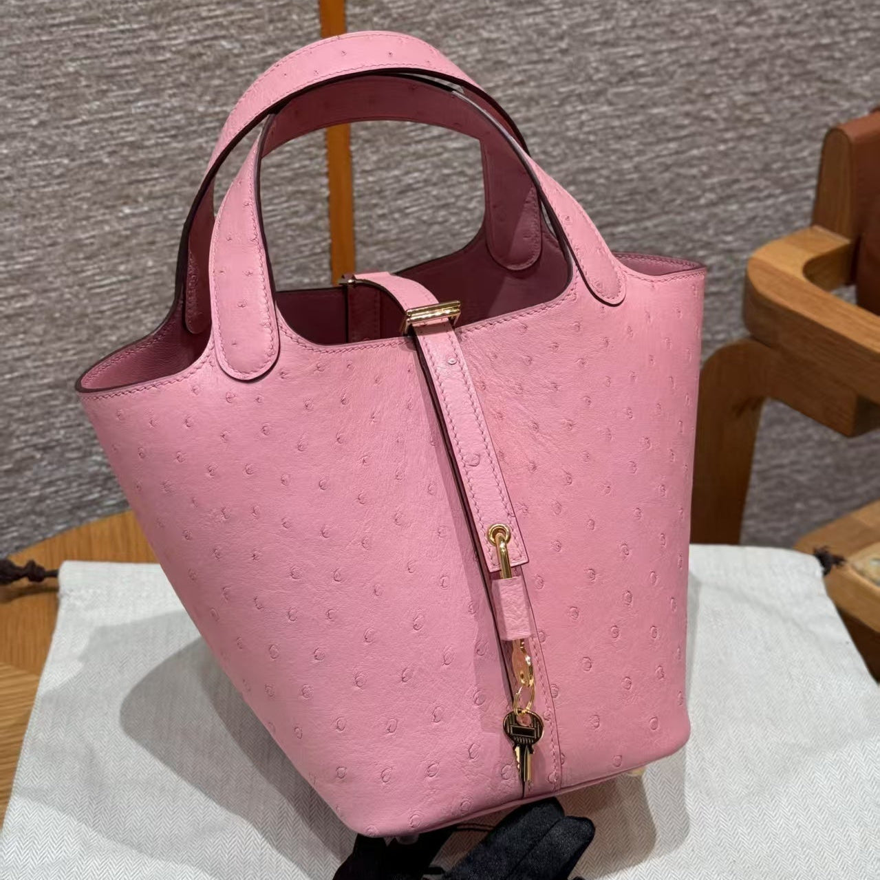 Picotin Lock Pink Ostrich Gold Hardware