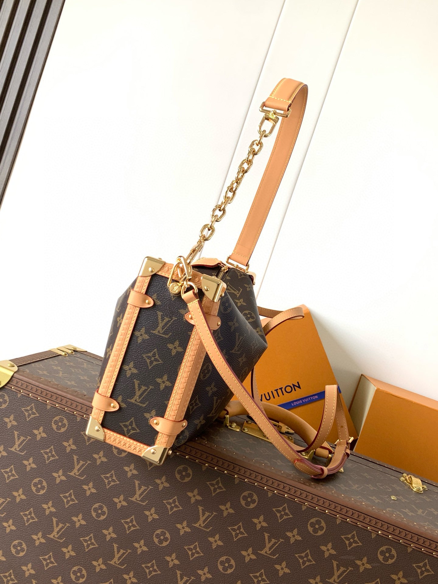 LV Side Trunk Bag 30cm Brown Beige Canvas Cowhide