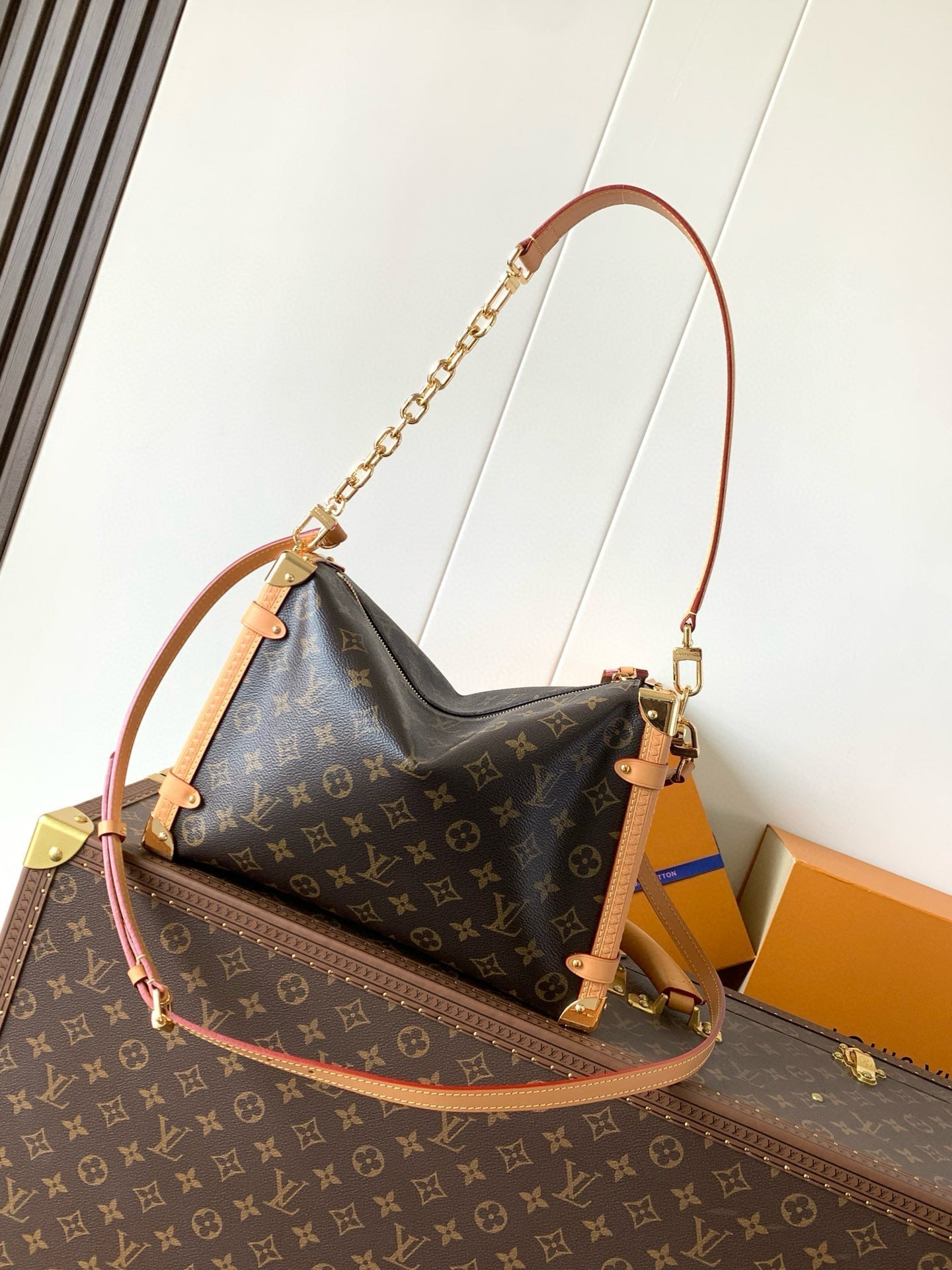 LV Side Trunk Bag 30cm Brown Beige Canvas Cowhide