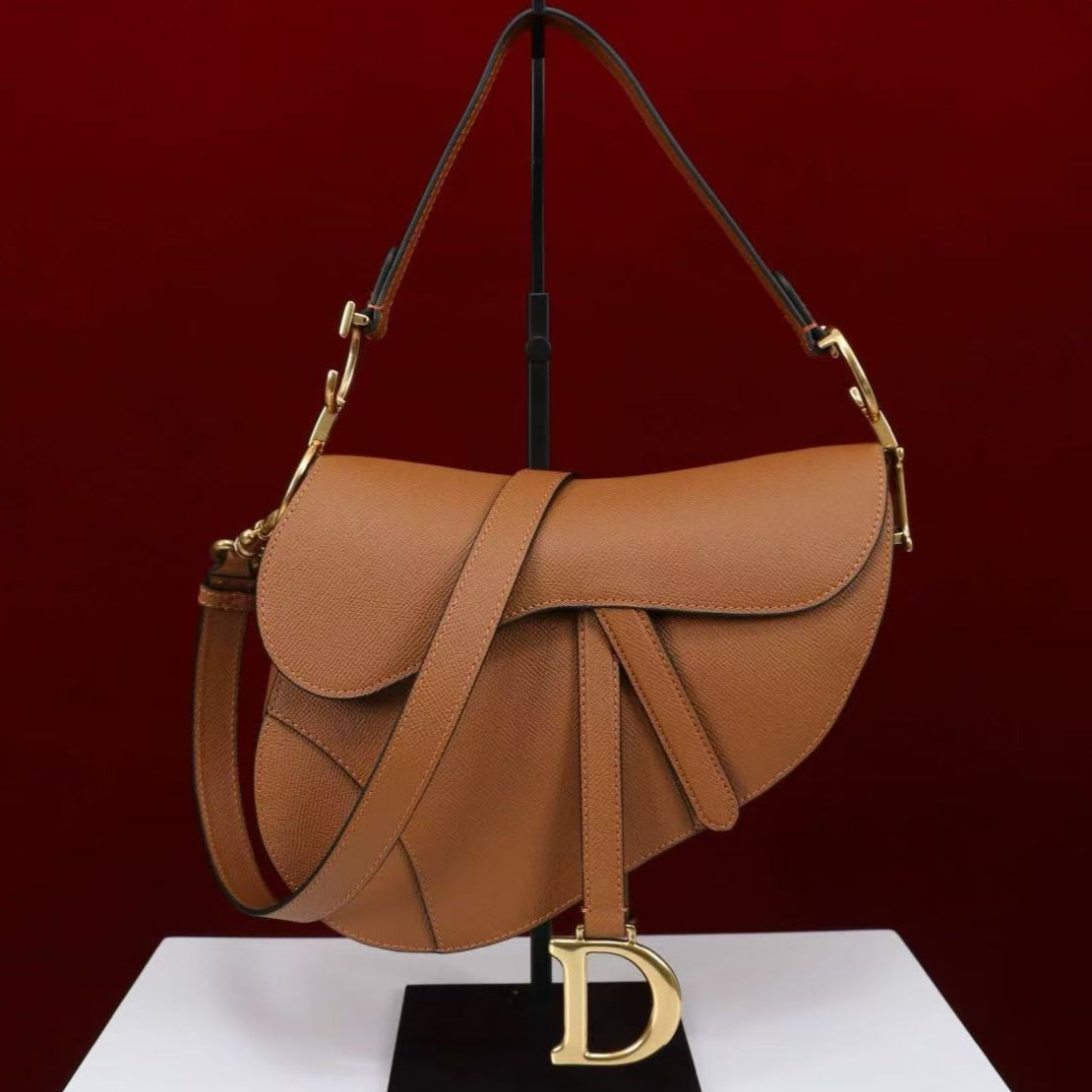 CD Saddle Bag Strap Brown Gold  Grained Calfskin
