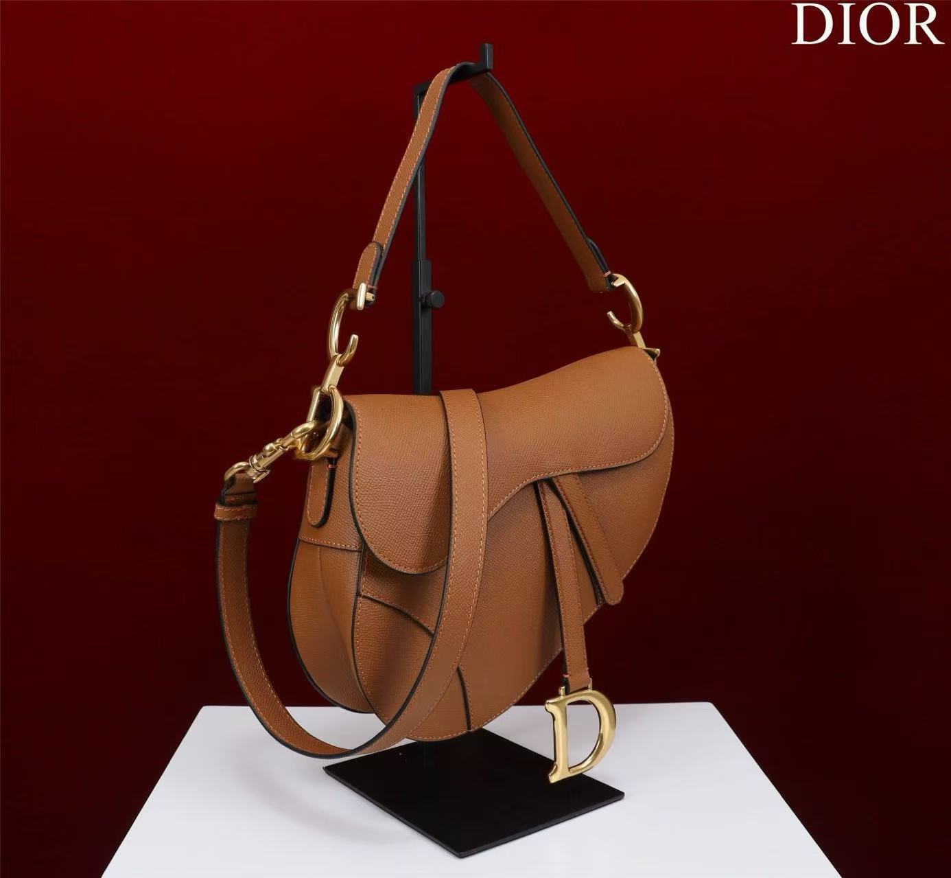 CD Saddle Bag Strap Brown Gold  Grained Calfskin