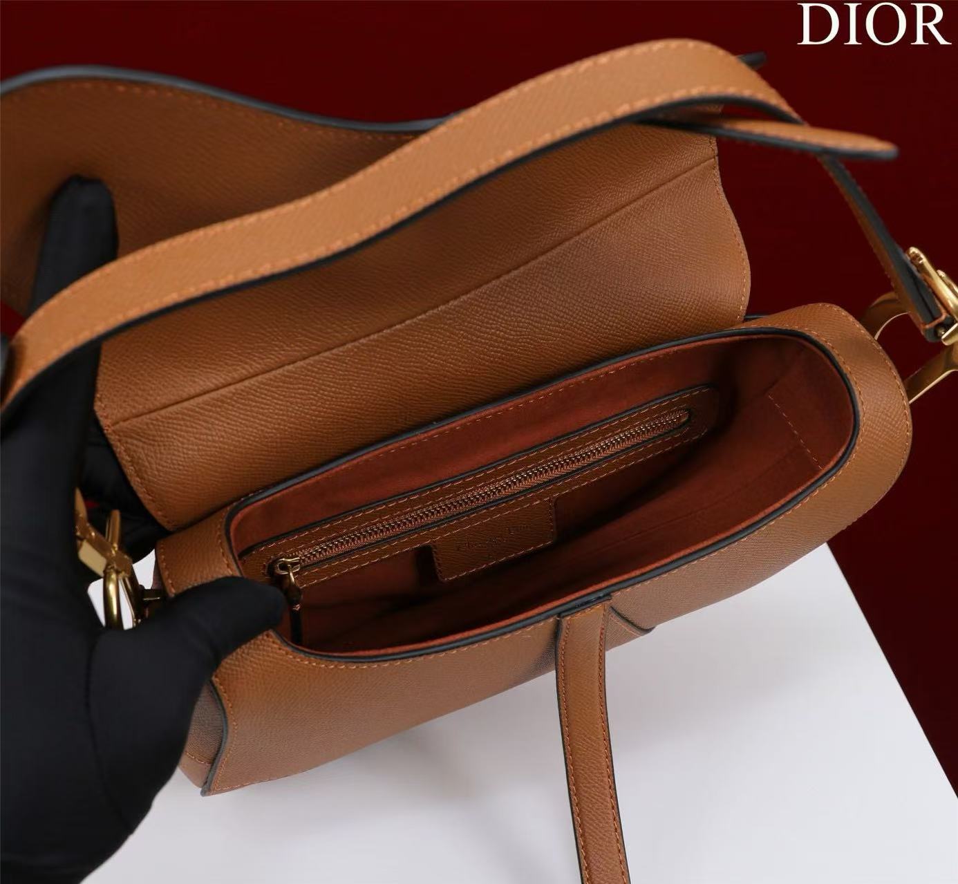CD Saddle Bag Strap Brown Gold  Grained Calfskin