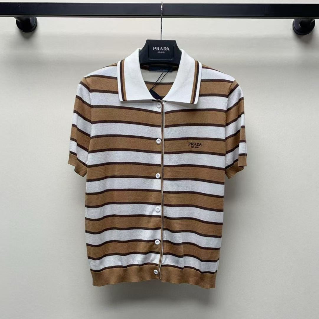 Prada Striped Polo T-shirt White Brown Tencel Cotton