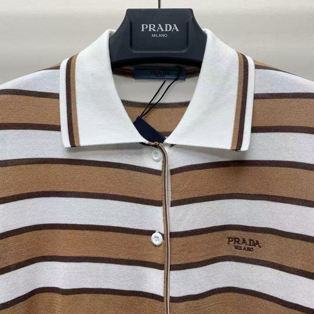 Prada Striped Polo T-shirt White Brown Tencel Cotton