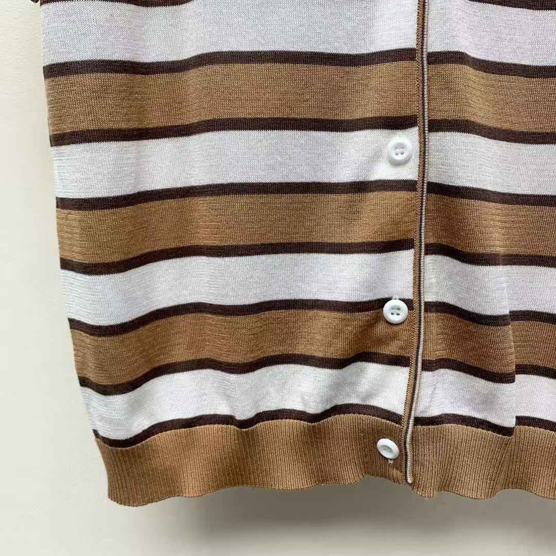 Prada Striped Polo T-shirt White Brown Tencel Cotton