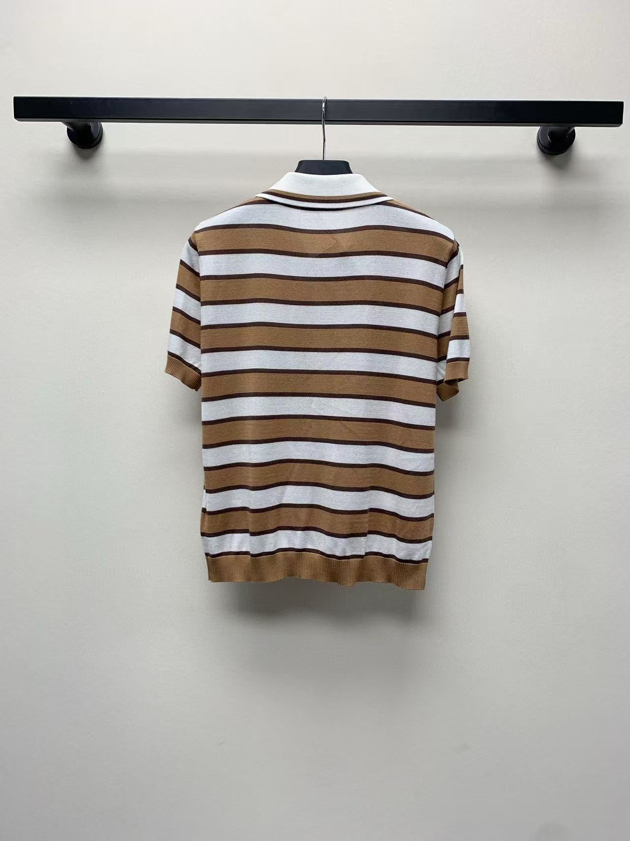 Prada Striped Polo T-shirt White Brown Tencel Cotton