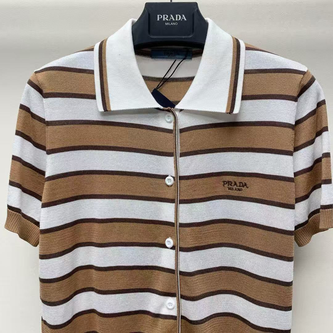 Prada Striped Polo T-shirt White Brown Tencel Cotton