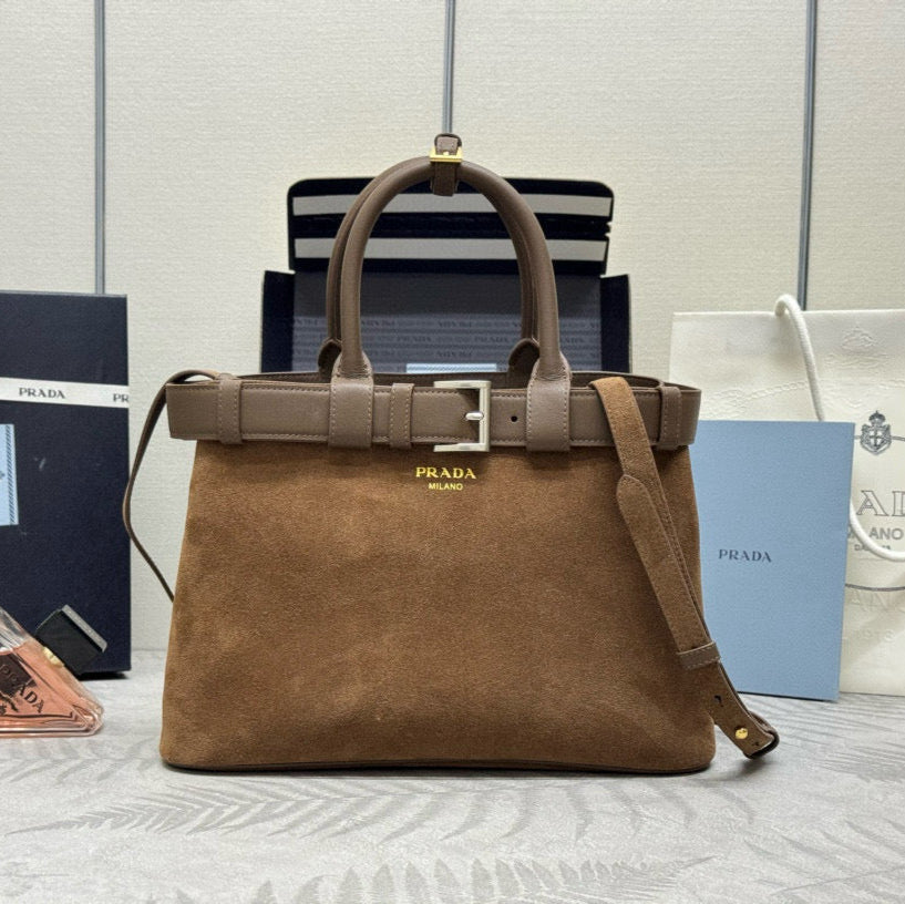 Prada Buckle Handbag Brown Suede Leather