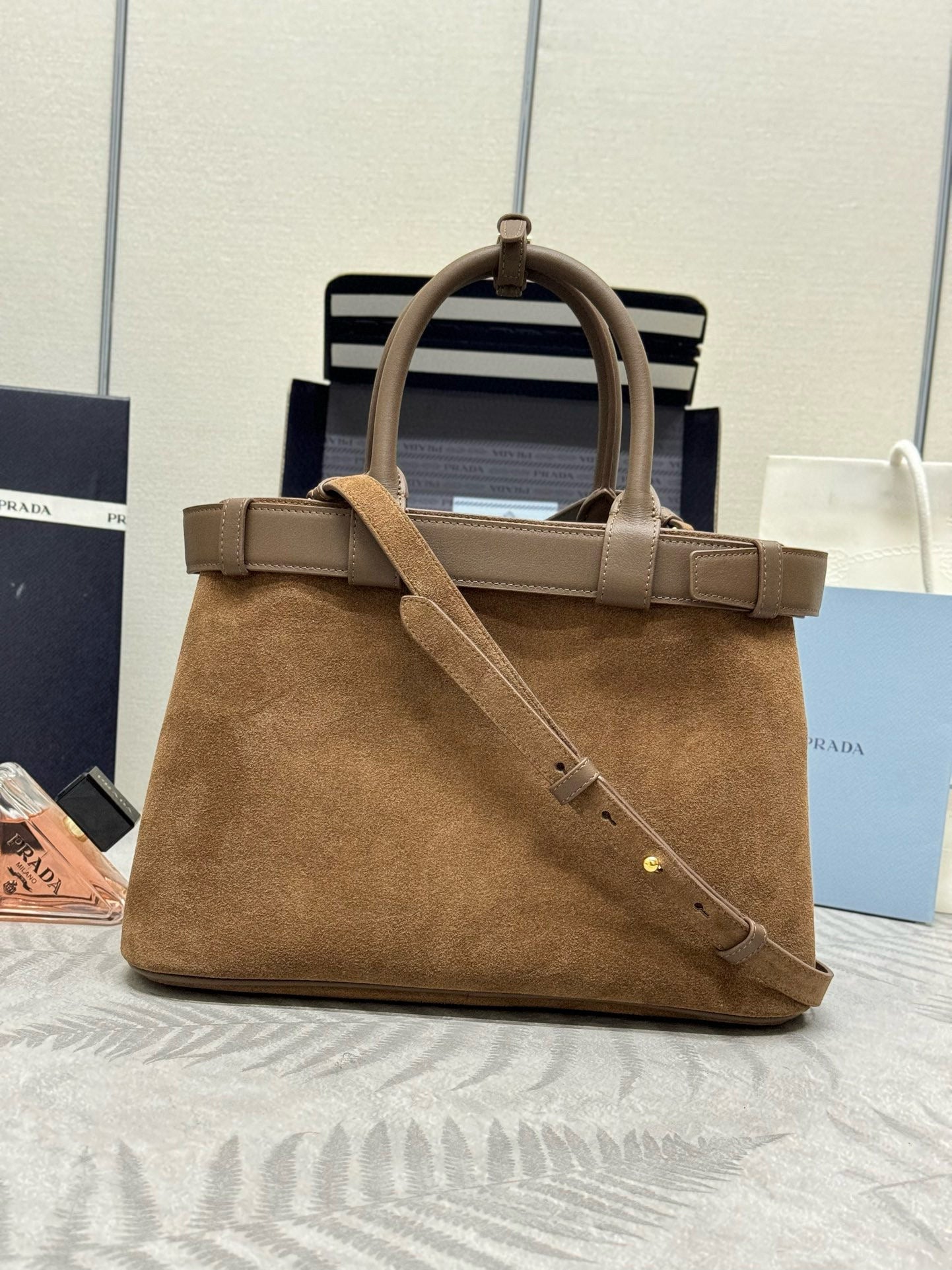 Prada Buckle Handbag Brown Suede Leather