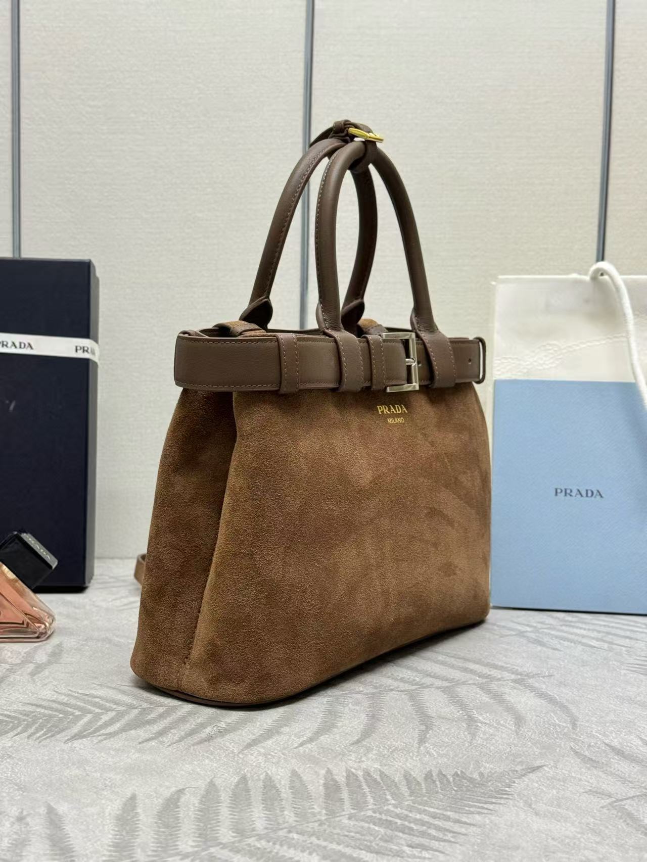 Prada Buckle Handbag Brown Suede Leather