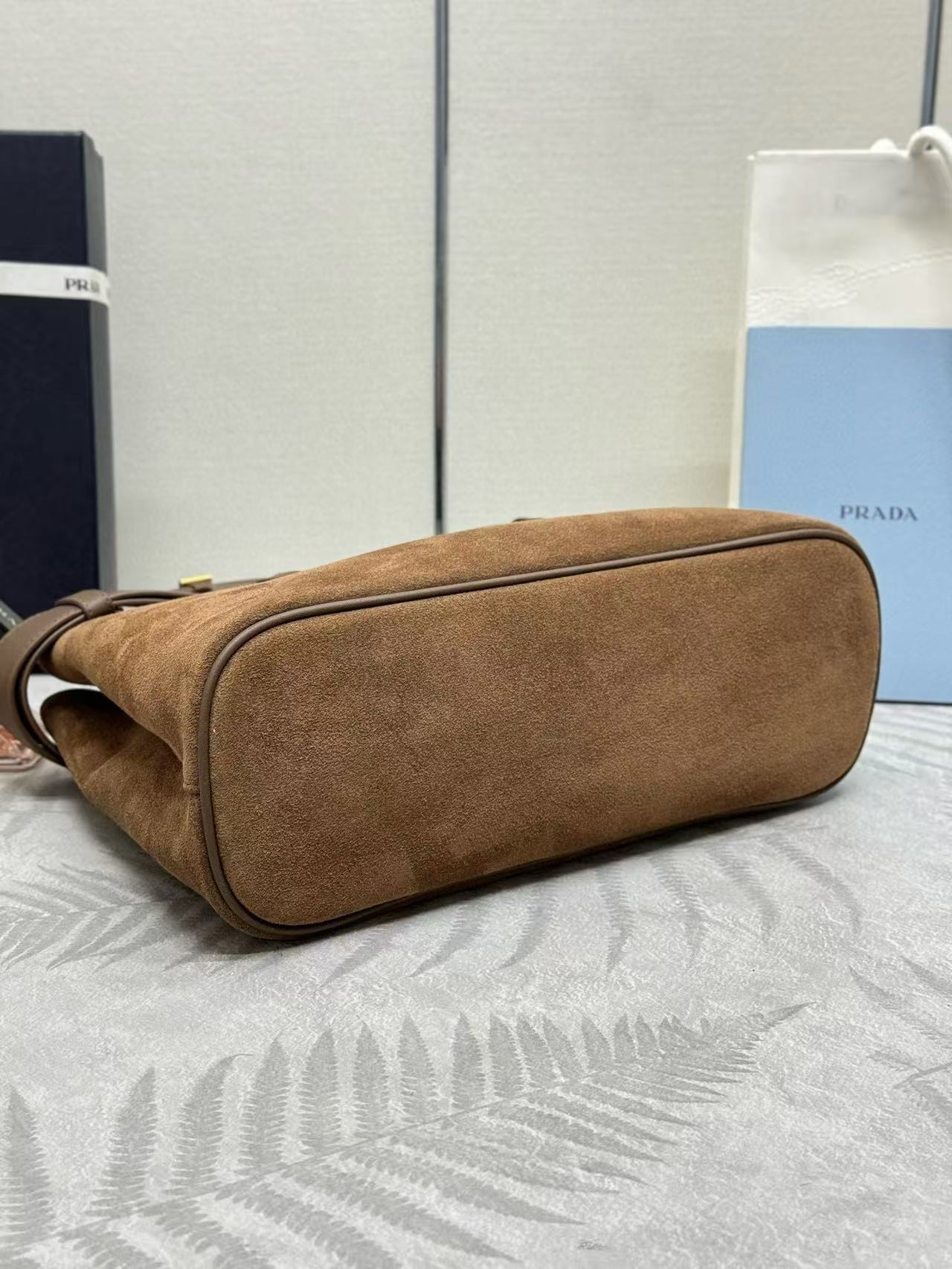 Prada Buckle Handbag Brown Suede Leather