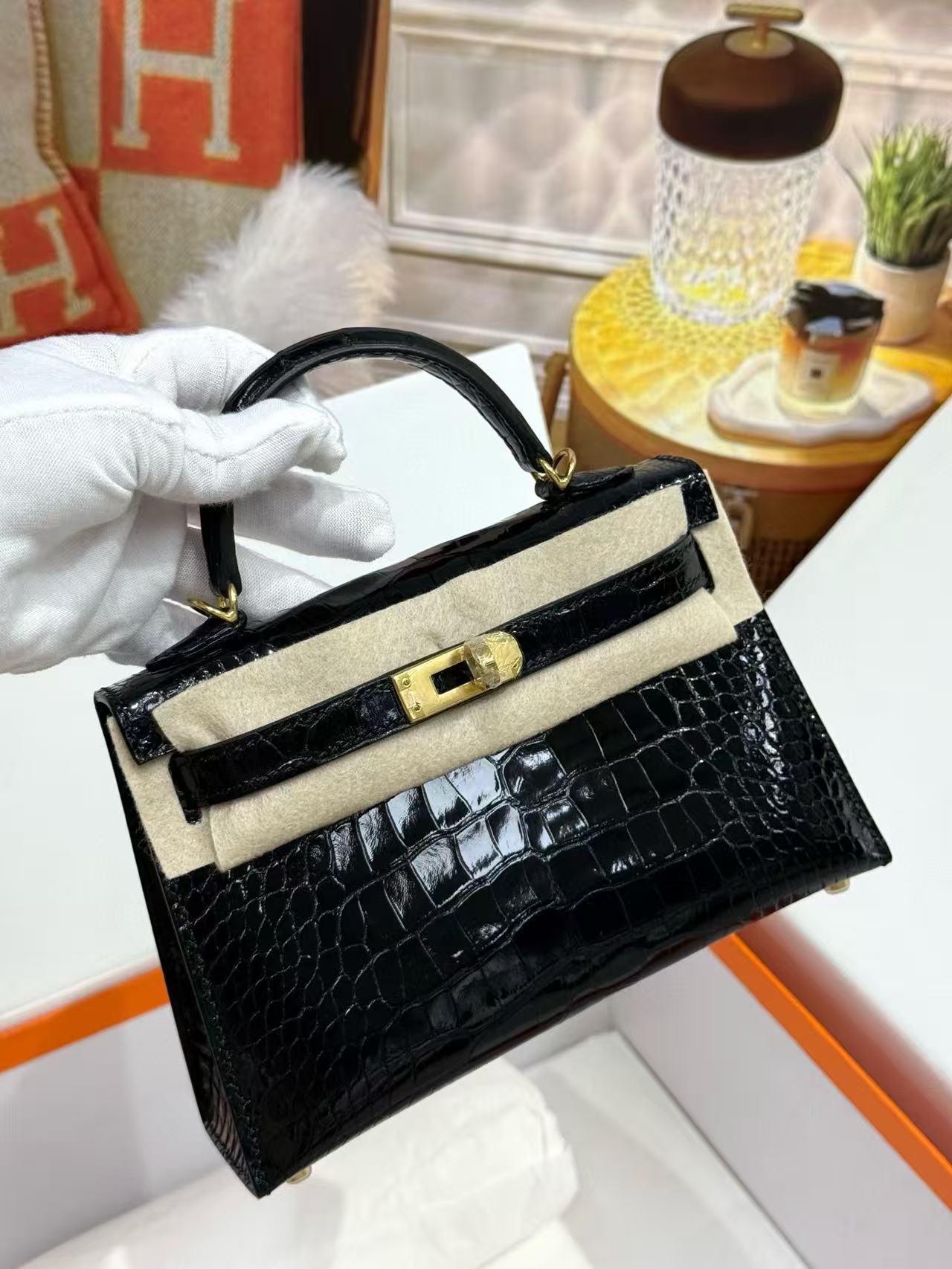 Hermès Kelly II Sellier Crocodile Embossed Black Gold Leather