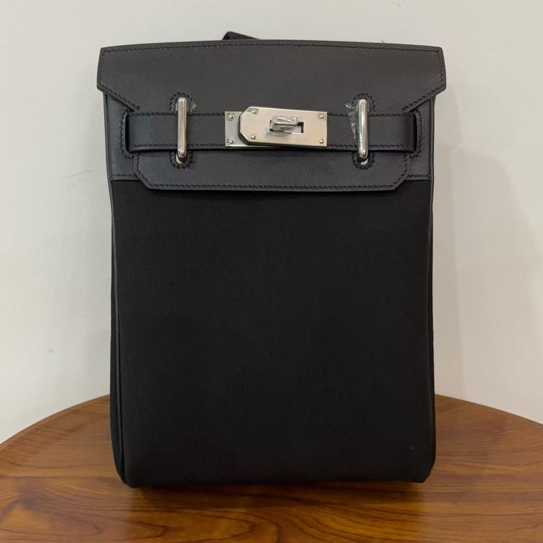 HM 25 Hac a Dos PM Bag Black Silver Woolycot Canvas And Swift Calfskin