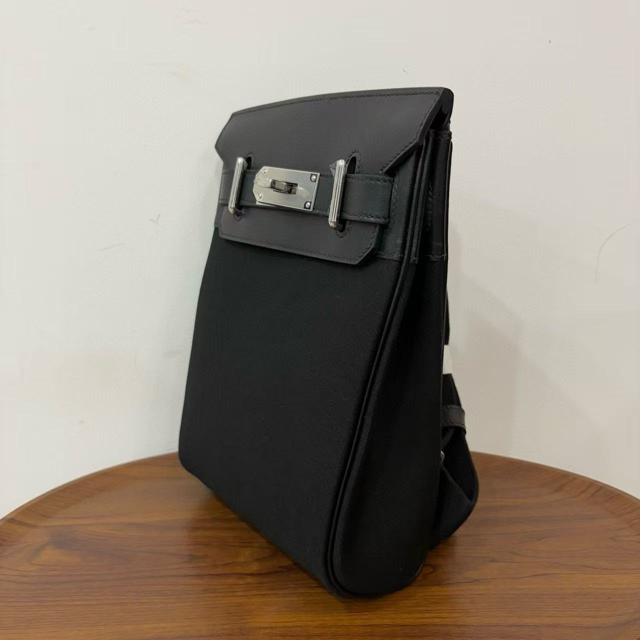 HM 25 Hac a Dos PM Bag Black Silver Woolycot Canvas And Swift Calfskin
