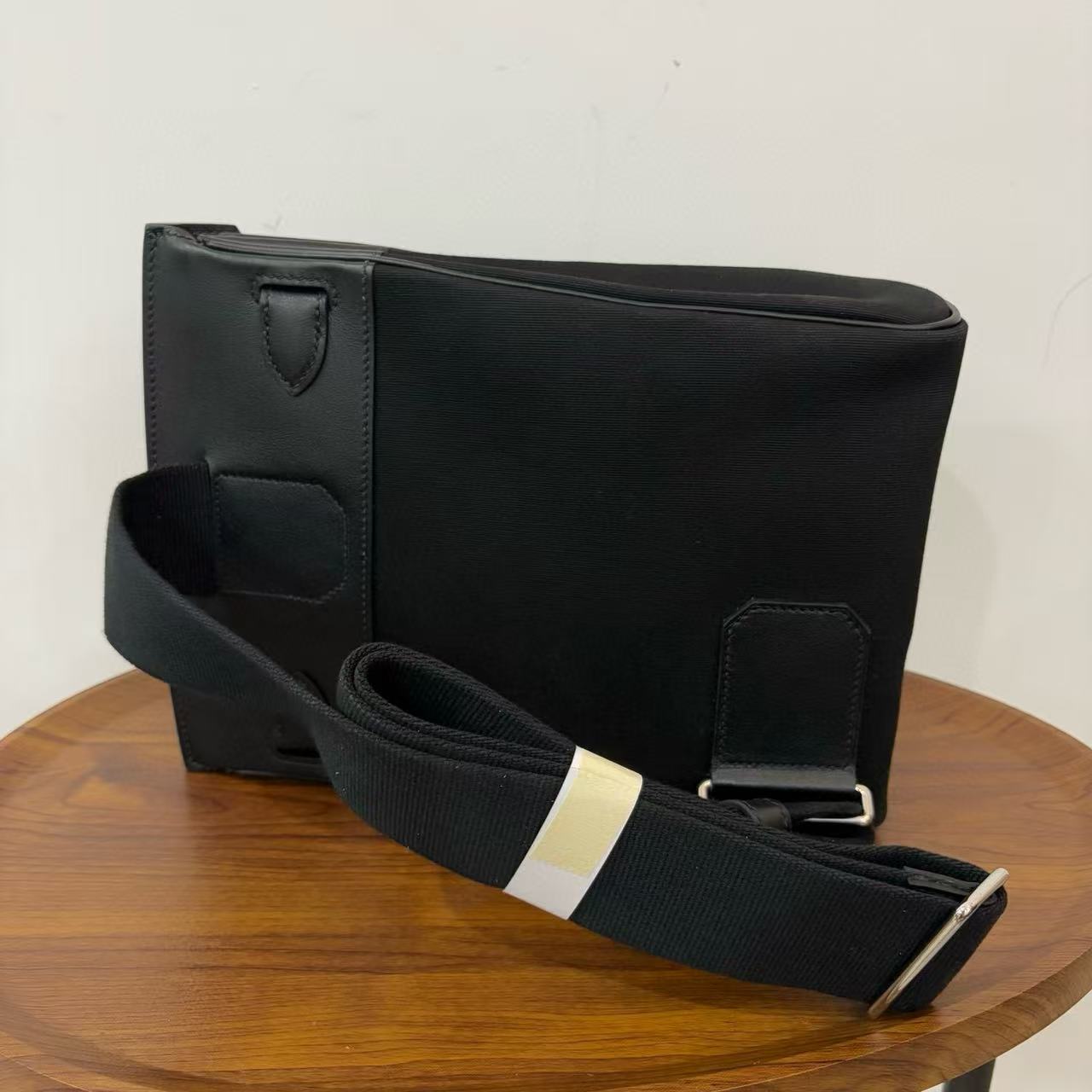 HM 25 Hac a Dos PM Bag Black Silver Woolycot Canvas And Swift Calfskin