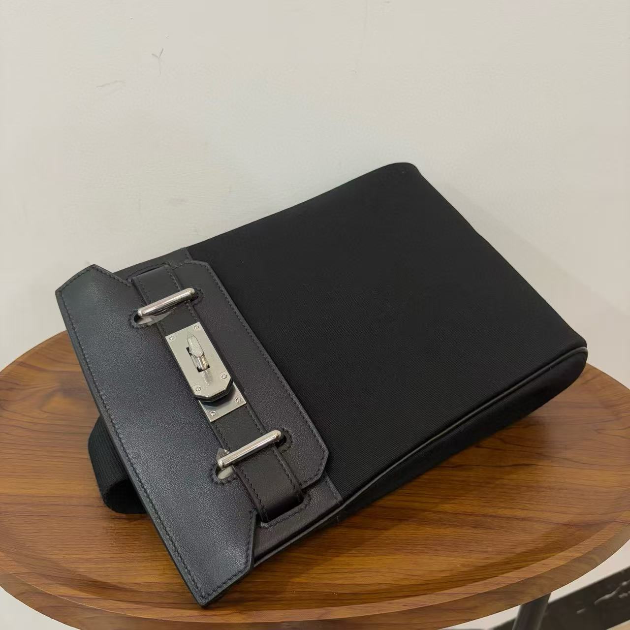 HM 25 Hac a Dos PM Bag Black Silver Woolycot Canvas And Swift Calfskin