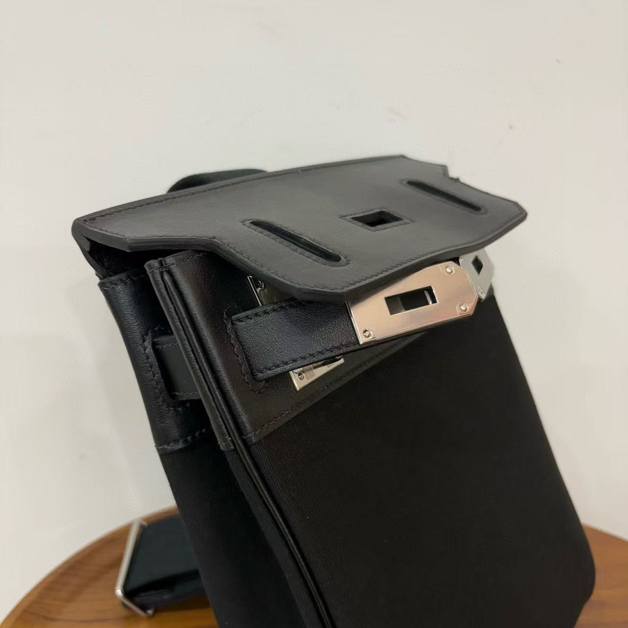HM 25 Hac a Dos PM Bag Black Silver Woolycot Canvas And Swift Calfskin