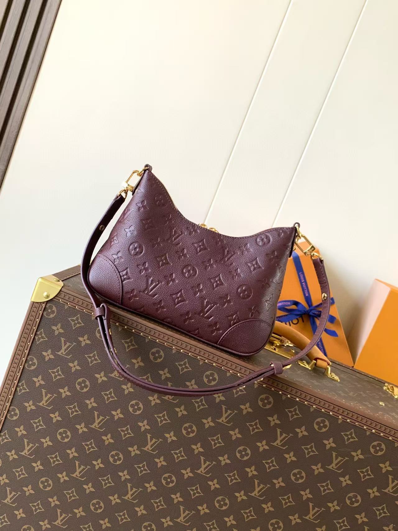 LV Boulogne PM Bag Burgundy Gold Embossed Grained Cowhide Leather
