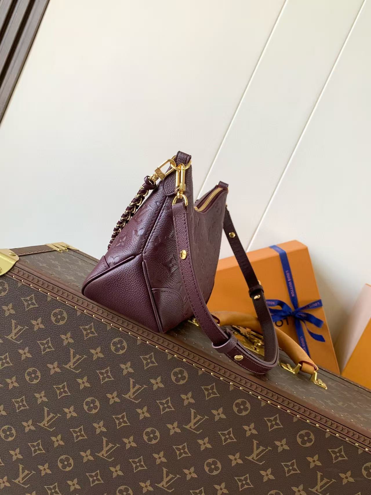 LV Boulogne PM Bag Burgundy Gold Embossed Grained Cowhide Leather