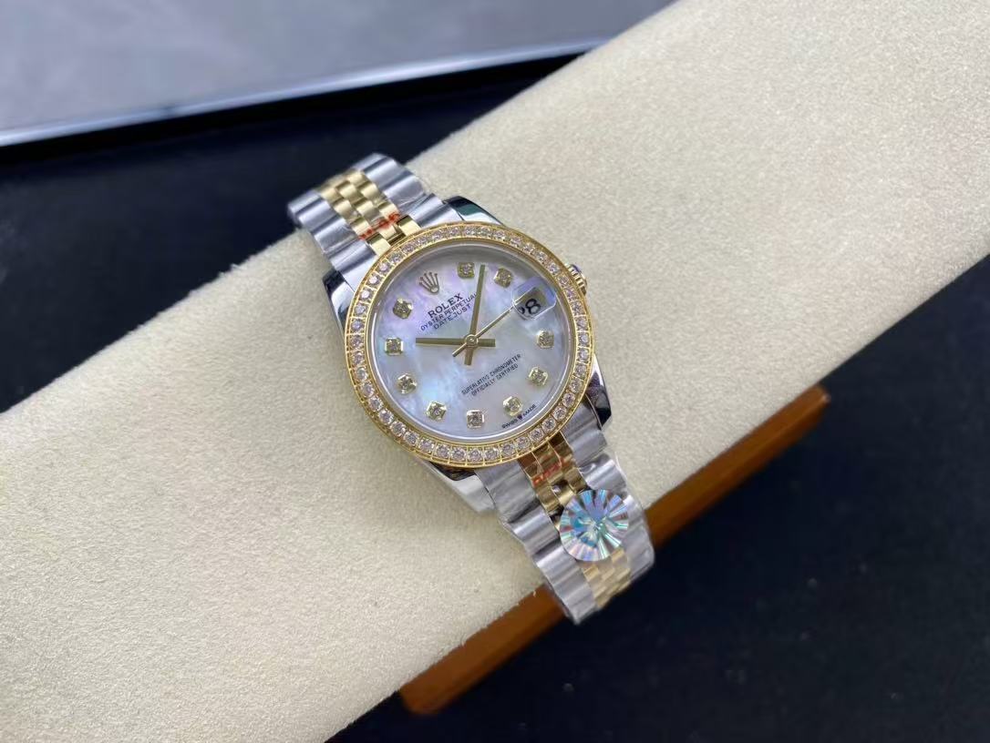 Datejust 28mm Gold Steel Diamond Bezel White Mop Dial