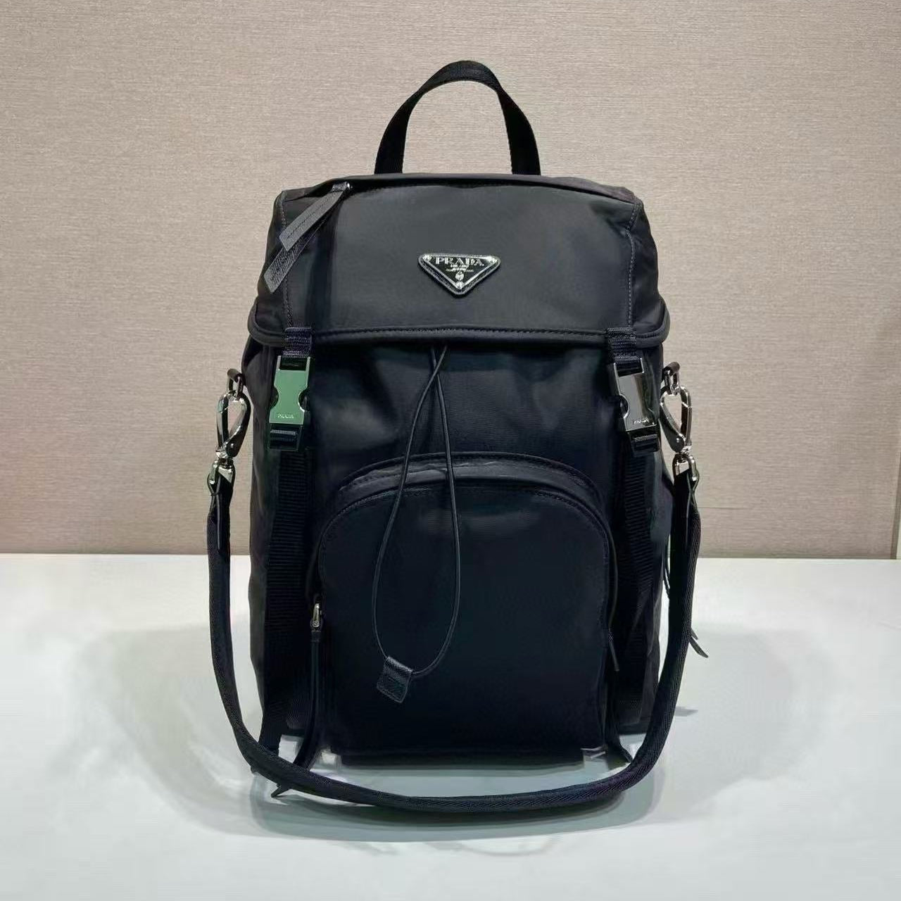 BACKPACK 34.5 IN BLACK RE-NYLON AND SAFFIANO LEATHER TRIM