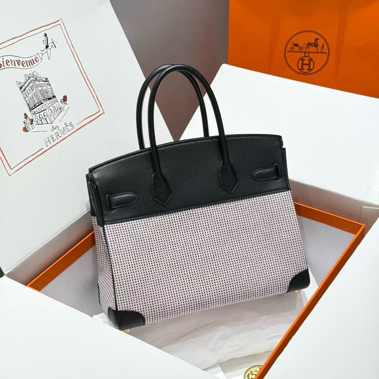 HM 2025 Birkin 30cm Black White Swift Cowhide Canvas Fabric With Waffle Panda