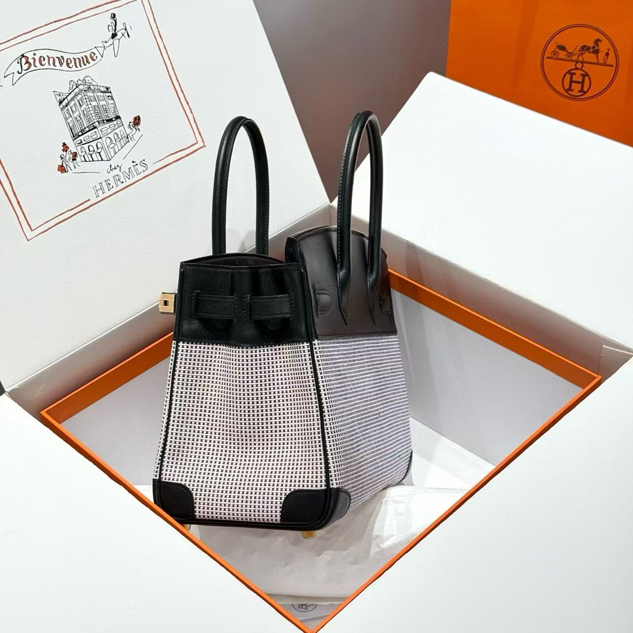 HM 2025 Birkin 30cm Black White Swift Cowhide Canvas Fabric With Waffle Panda