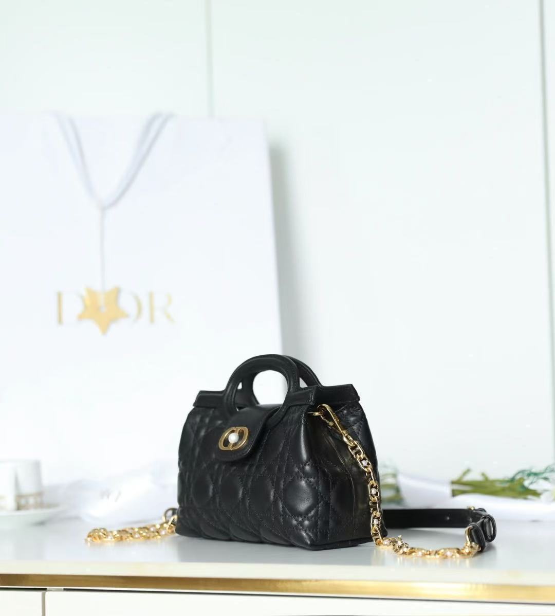Dior 2025 Jolie Top Handle Bag Black Cannage Lambskin