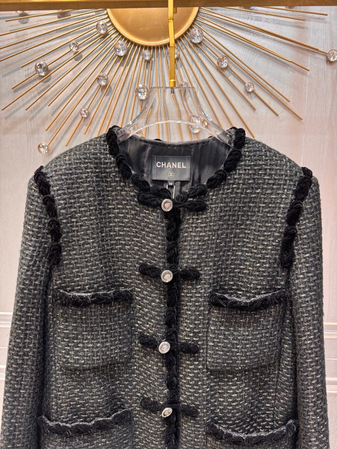 Chanel 2025 Jacket With Four Pockets And Velvet Trimblack Tweed