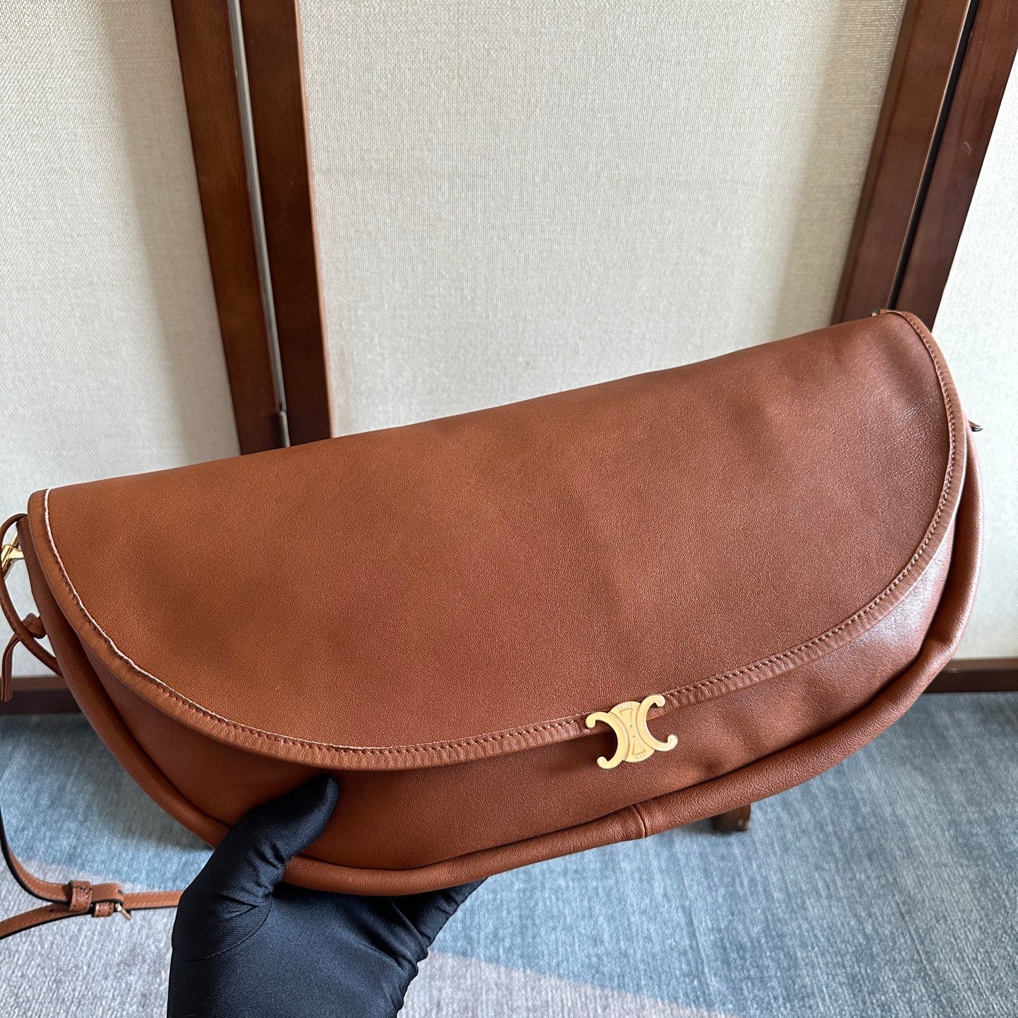 Celine 2025 Halfmoon Soft Triomphe Bag Brown Shiny Lambskin