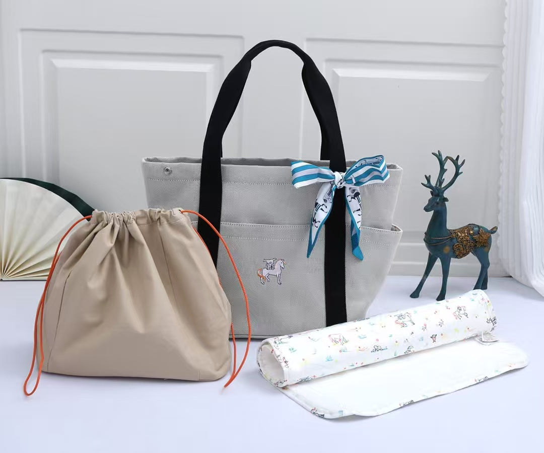 Hermes 2025 Cabriole Nappy Bag Light Gray mix Black Cotton