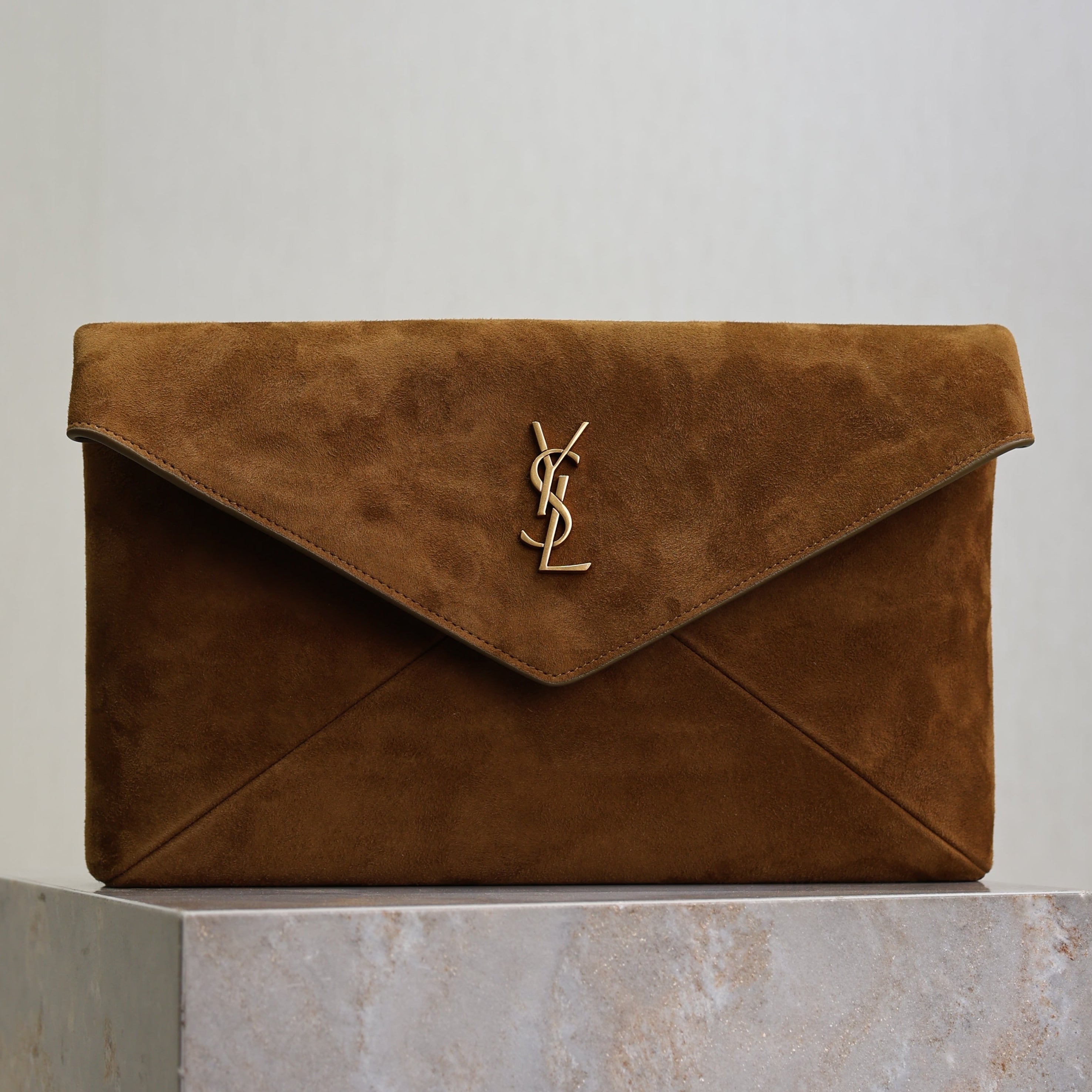 YSL 2026 Cassandre Envelope Bag 29.5cm Brown Suede