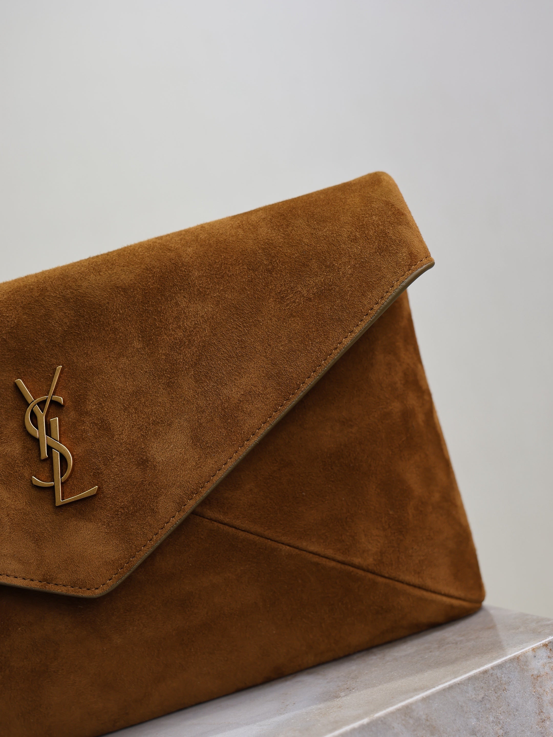 YSL 2026 Cassandre Envelope Bag 29.5cm Brown Suede