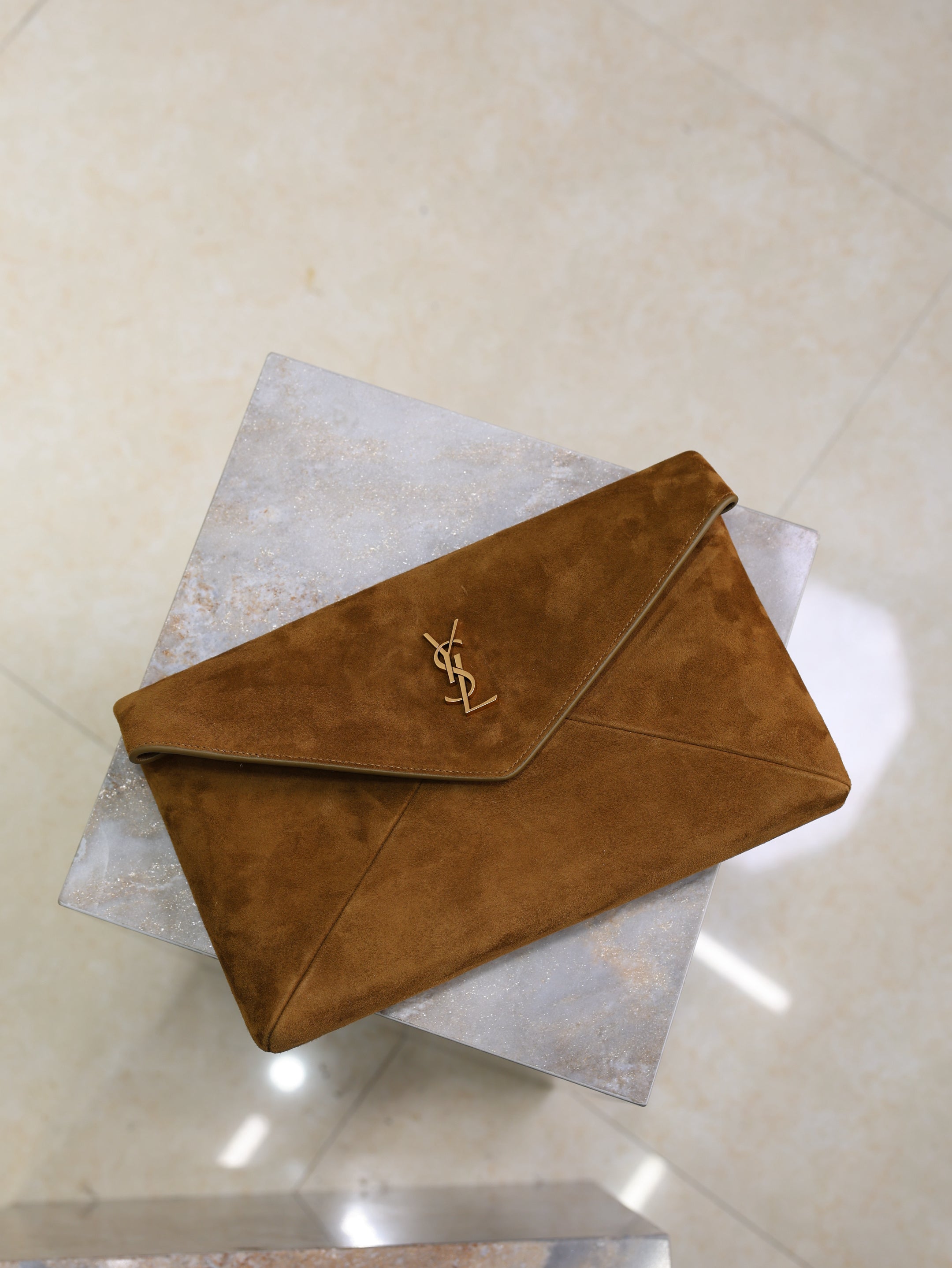 YSL 2026 Cassandre Envelope Bag 29.5cm Brown Suede