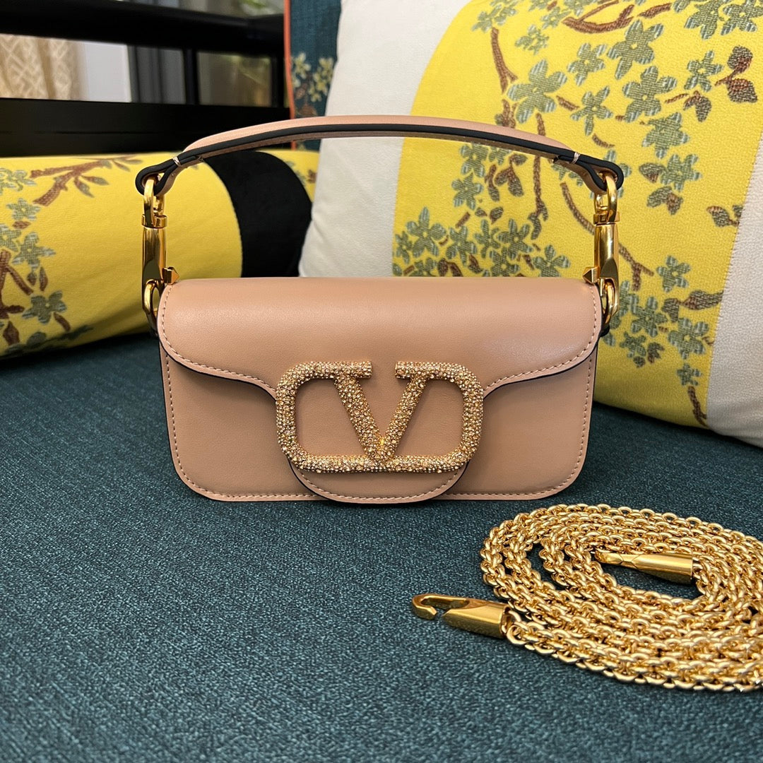 Valenti Loco 20cm Crystal-Embedded Bag Powder Pink Calfskin Gold Hardware