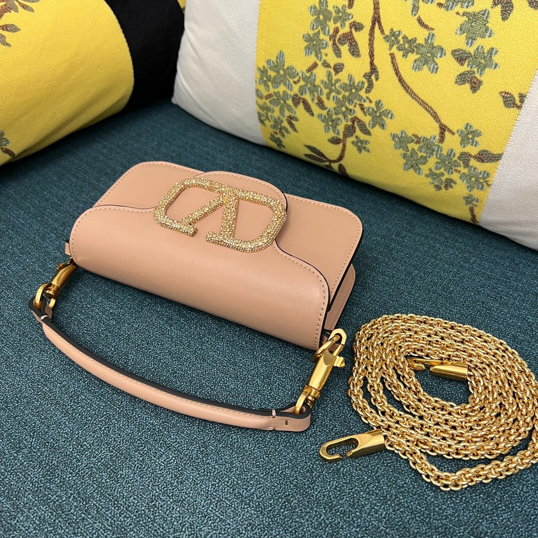 Valenti Loco 20cm Crystal-Embedded Bag Powder Pink Calfskin Gold Hardware