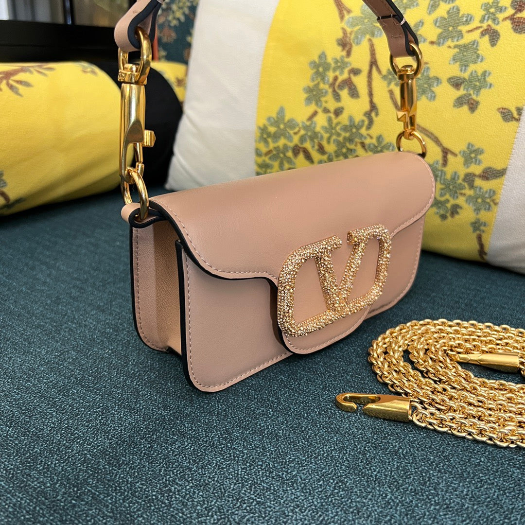 Valenti Loco 20cm Crystal-Embedded Bag Powder Pink Calfskin Gold Hardware