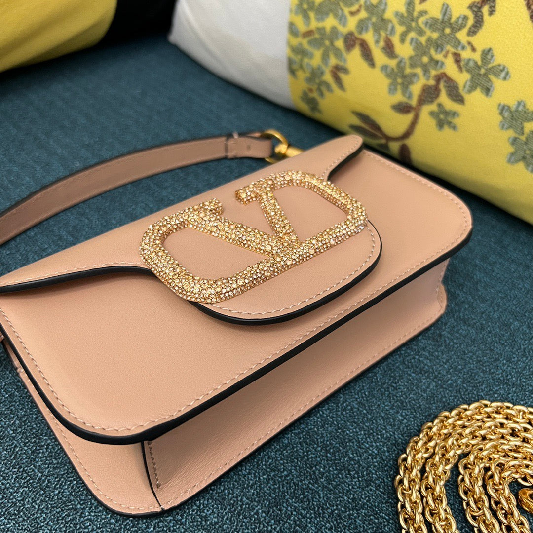 Valenti Loco 20cm Crystal-Embedded Bag Powder Pink Calfskin Gold Hardware