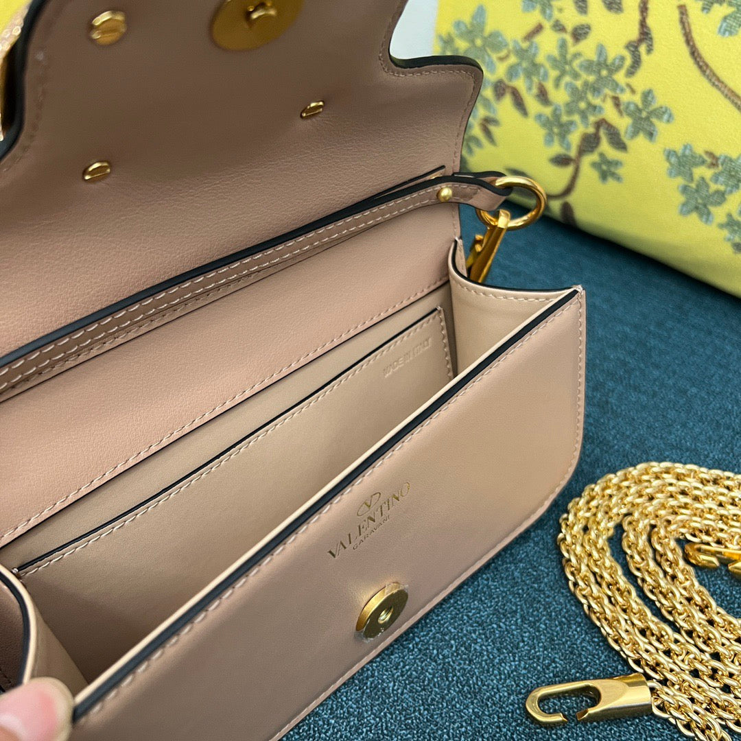 Valenti Loco 20cm Crystal-Embedded Bag Powder Pink Calfskin Gold Hardware