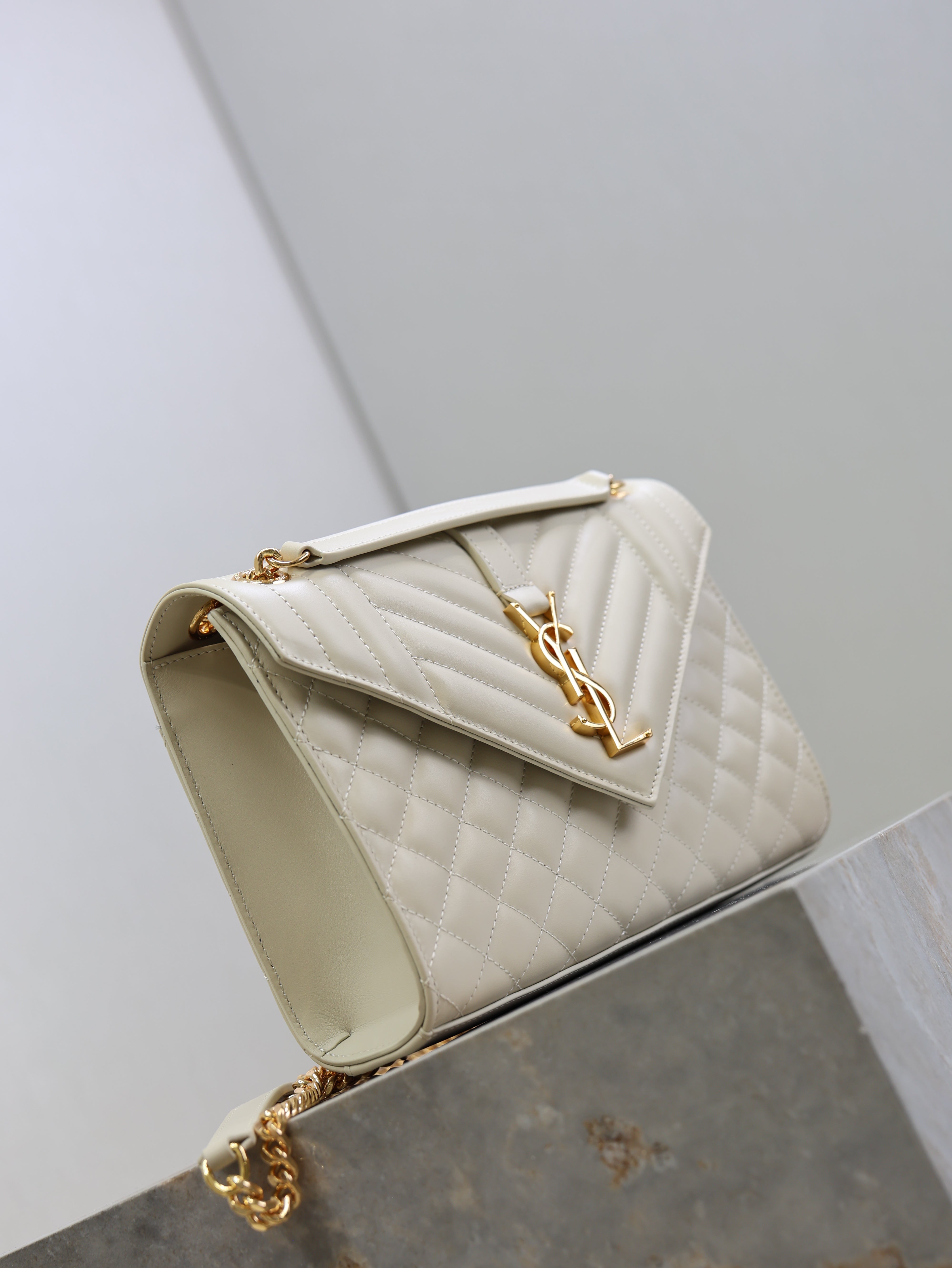 YSL 2026 Envelope In Quilted Grain De Poudre White Embossed Leather