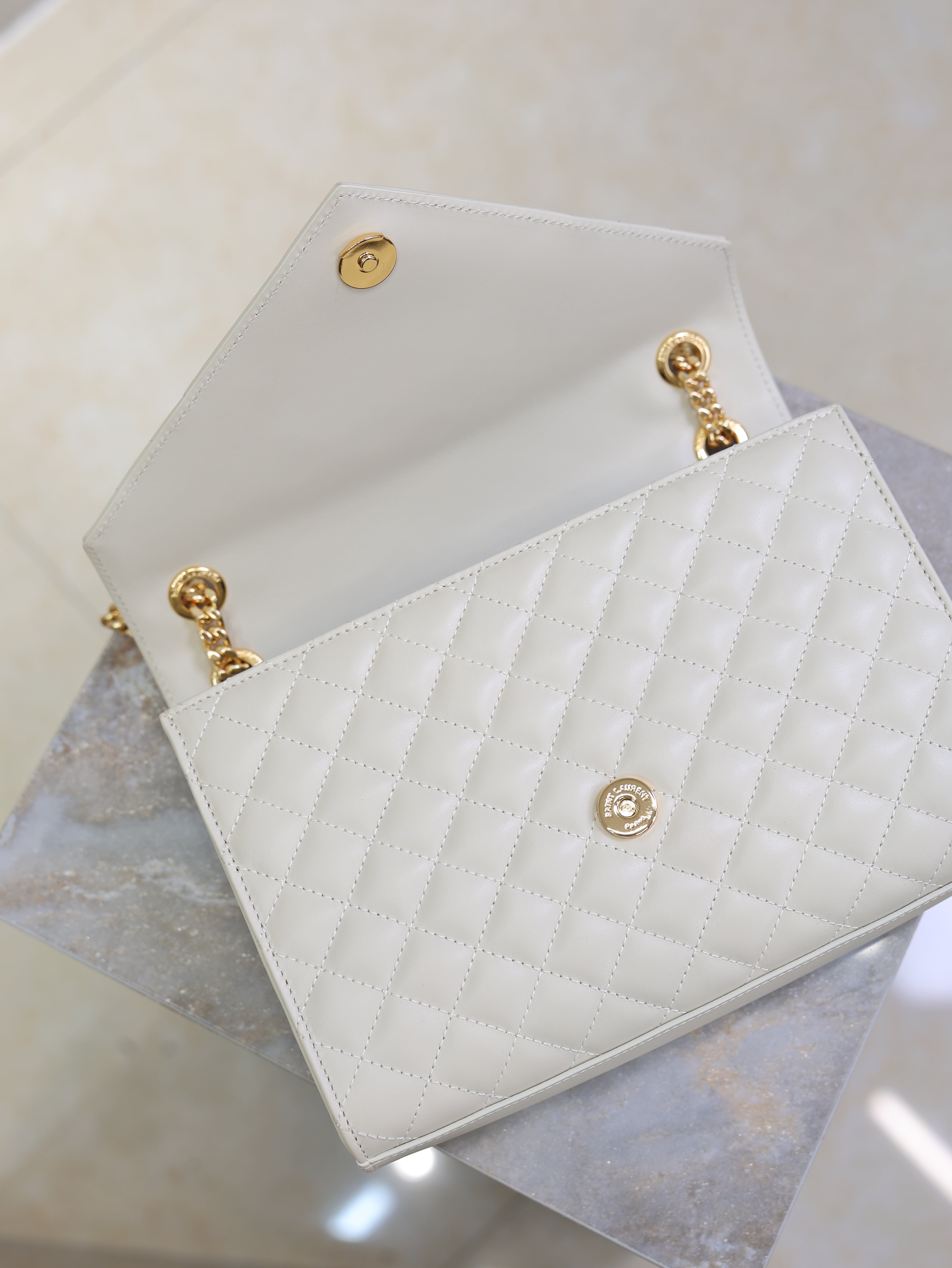 YSL 2026 Envelope In Quilted Grain De Poudre White Embossed Leather
