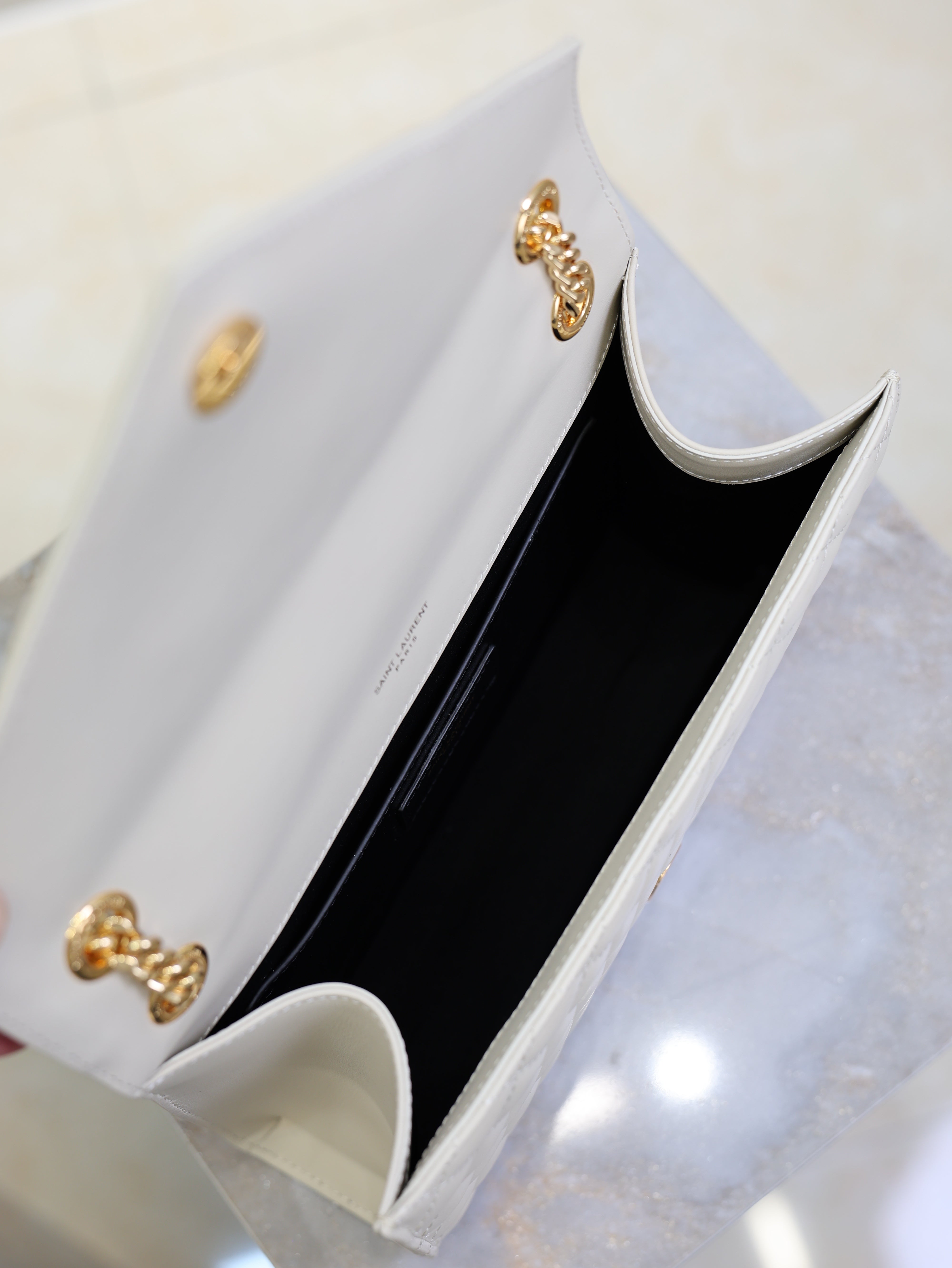 YSL 2026 Envelope In Quilted Grain De Poudre White Embossed Leather