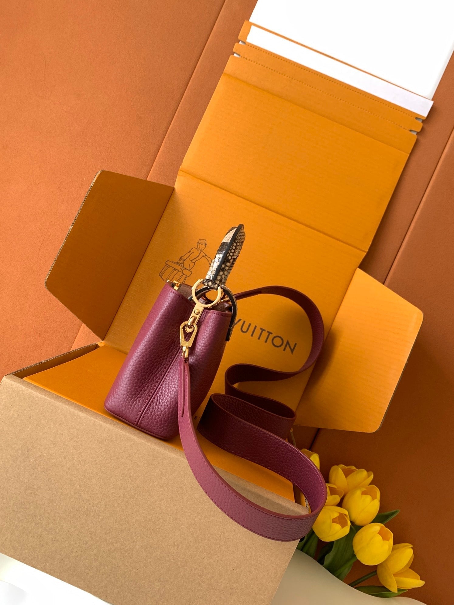 LV 2026 Burgundy Taurillon Leather And Python Mini Capucines Bag