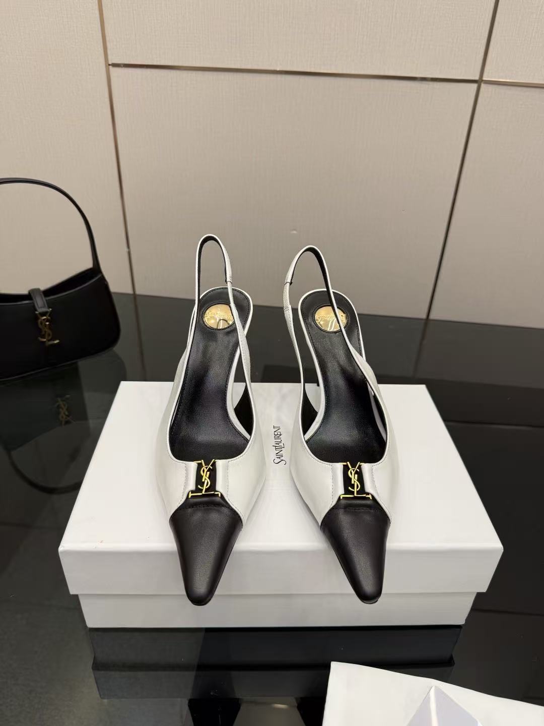 YSL 2026 Babylone Slingback Pump White Black Leather