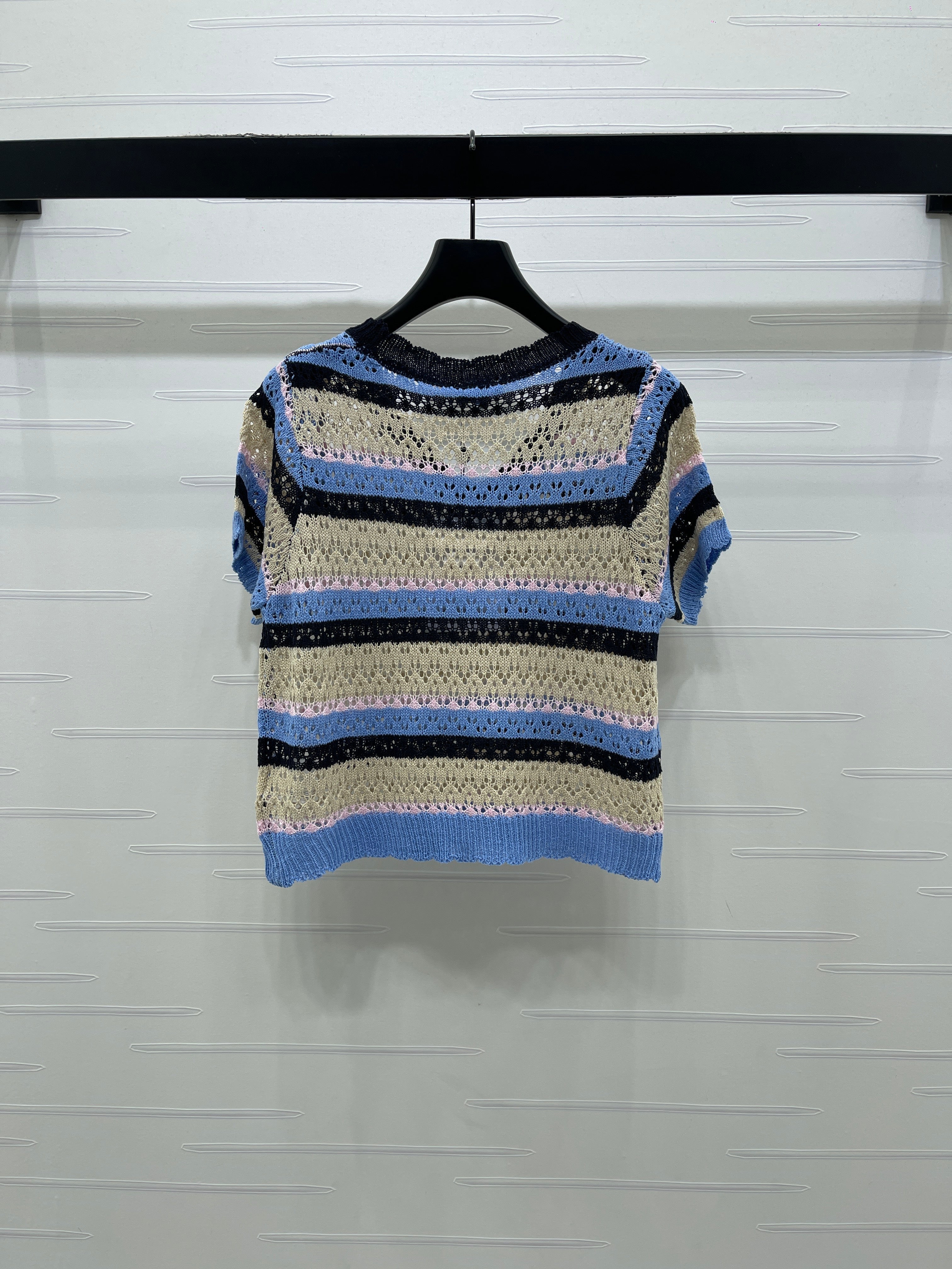 Chanel 2026 Hollow Out Knit Top Blue Beige Black Cotton