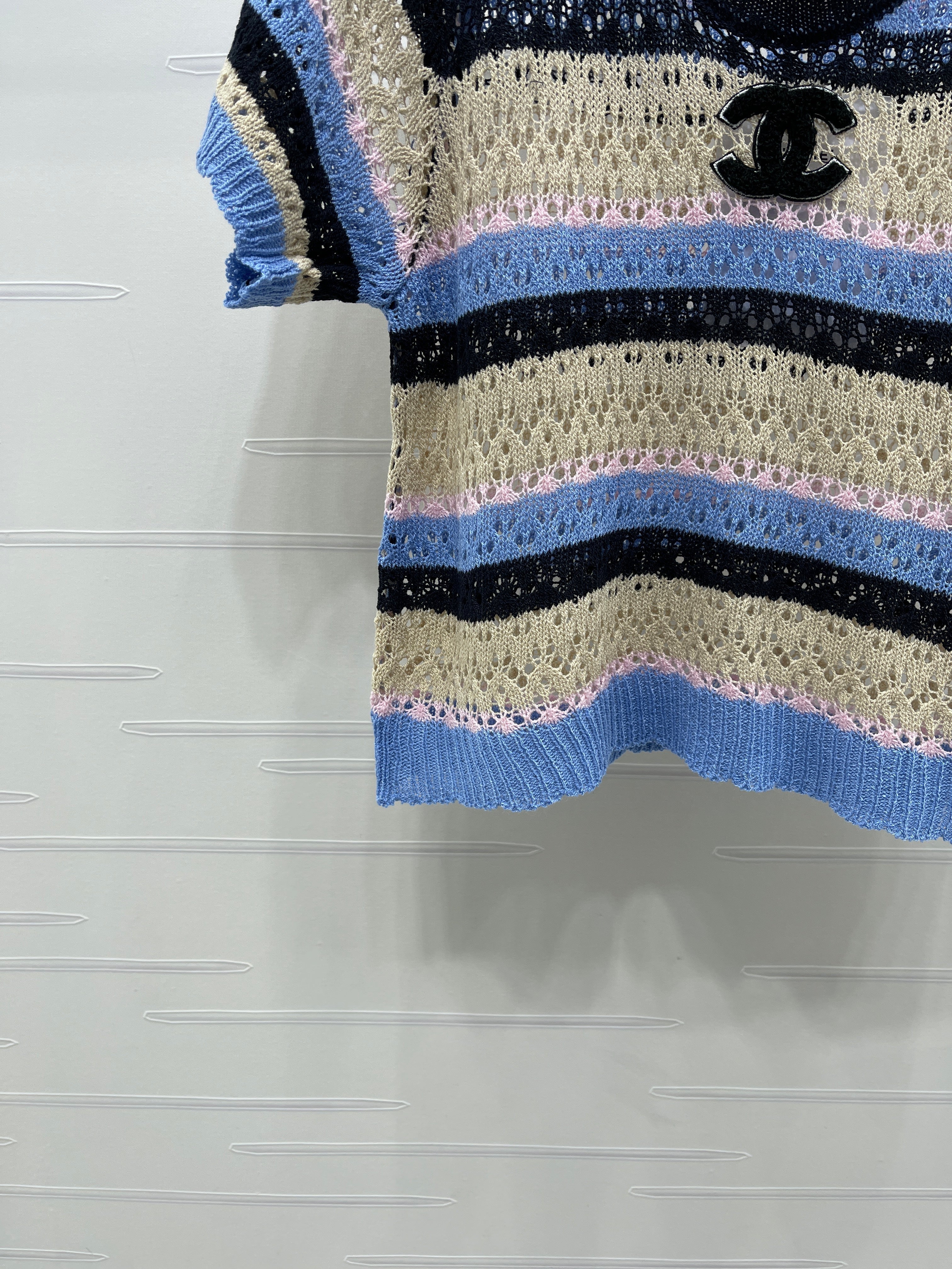 Chanel 2026 Hollow Out Knit Top Blue Beige Black Cotton