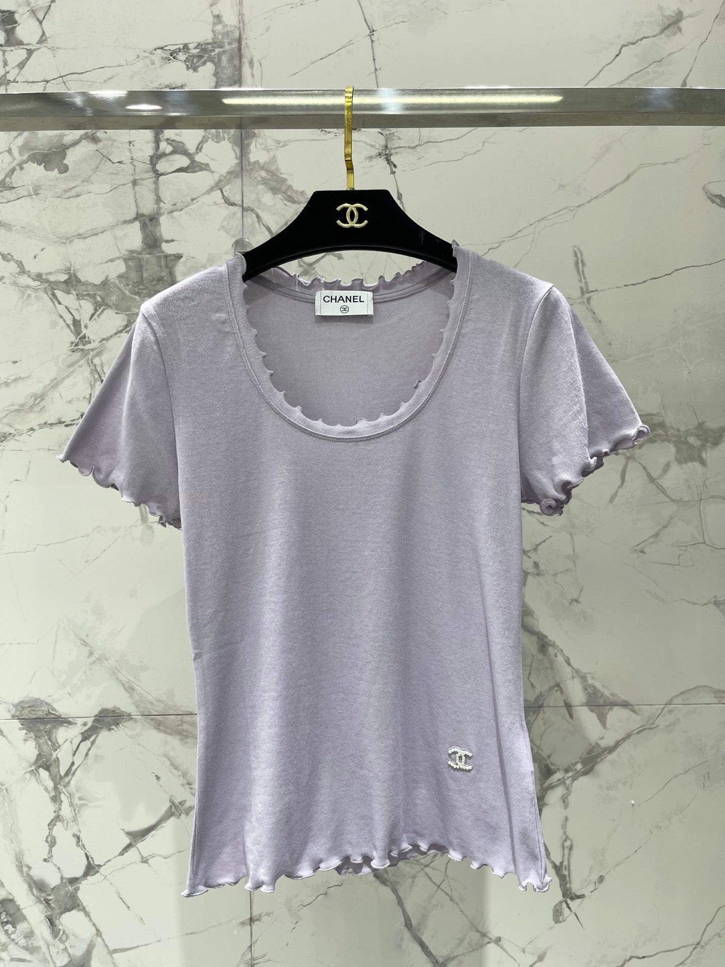 Chanel 2026 Scalloped Neckline T-shirt White Purple Gray Cotton