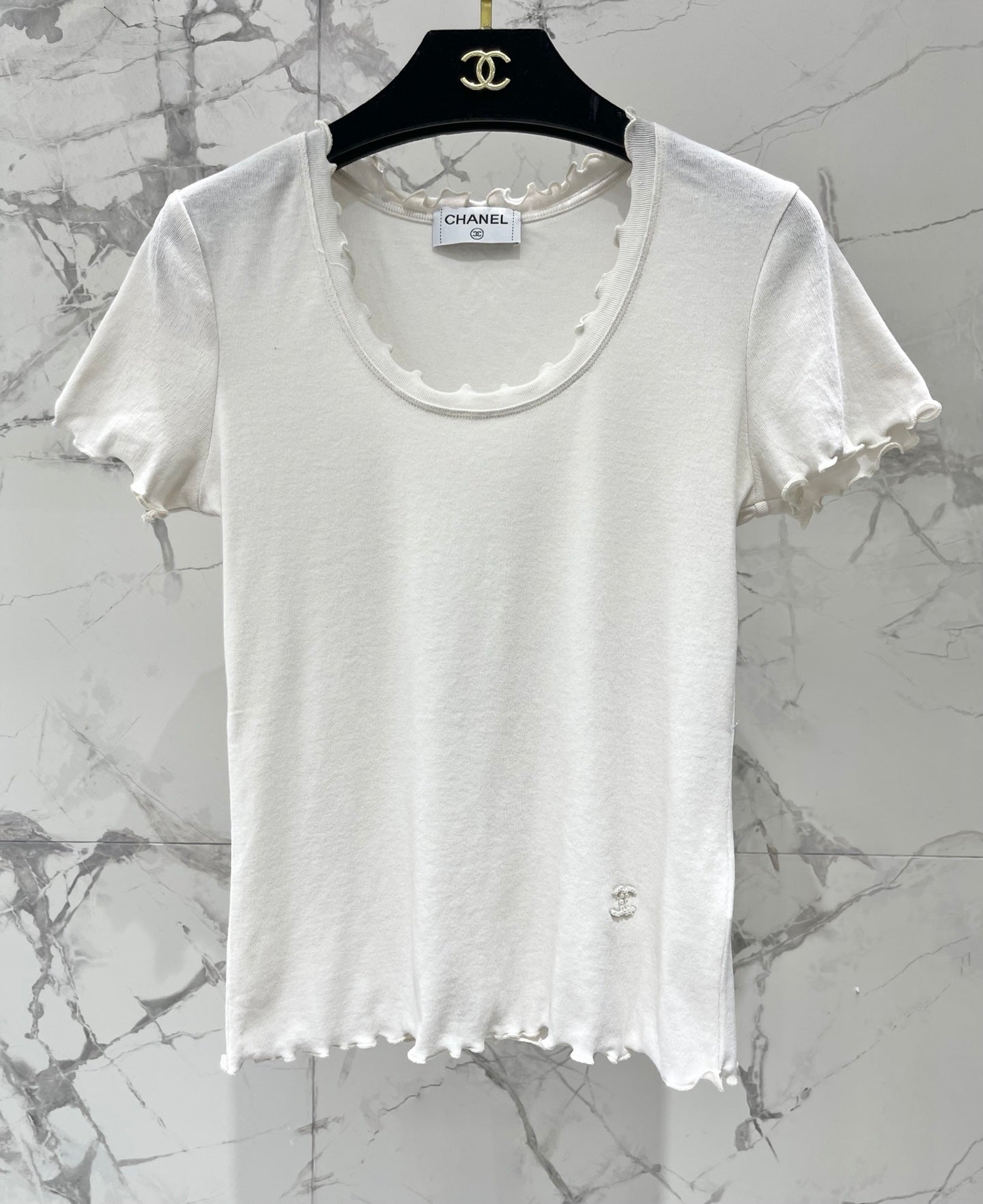 Chanel 2026 Scalloped Neckline T-shirt White Purple Gray Cotton