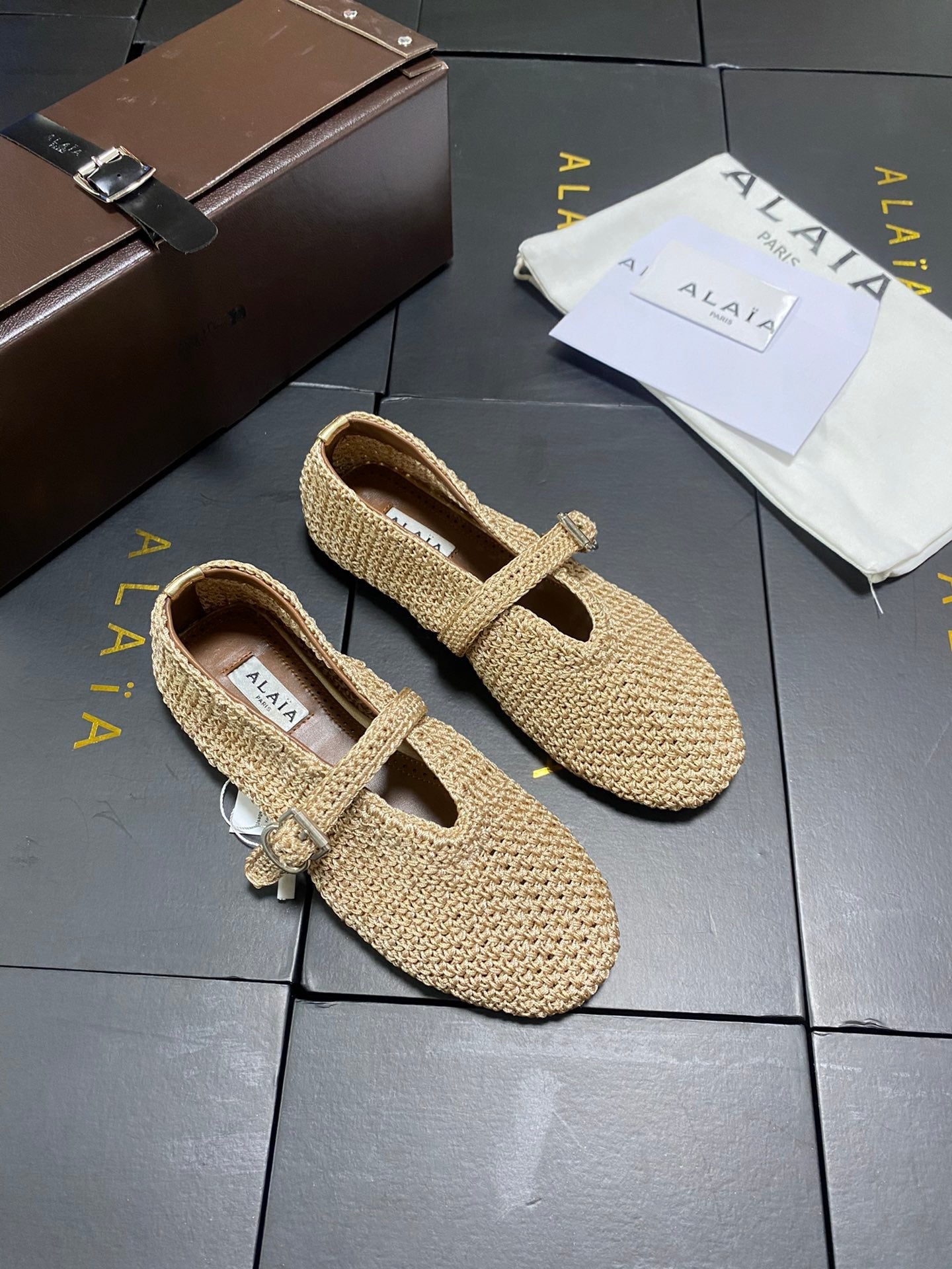 Alaia 2026 Crochet Lurex Ballet Flat Beige Woven Leather